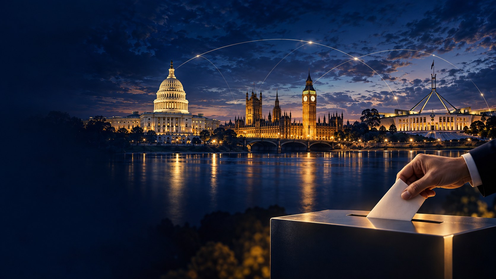 Conceptual democracy panorama inspired by the US Capitol, Westminster and Australian Parliament House
